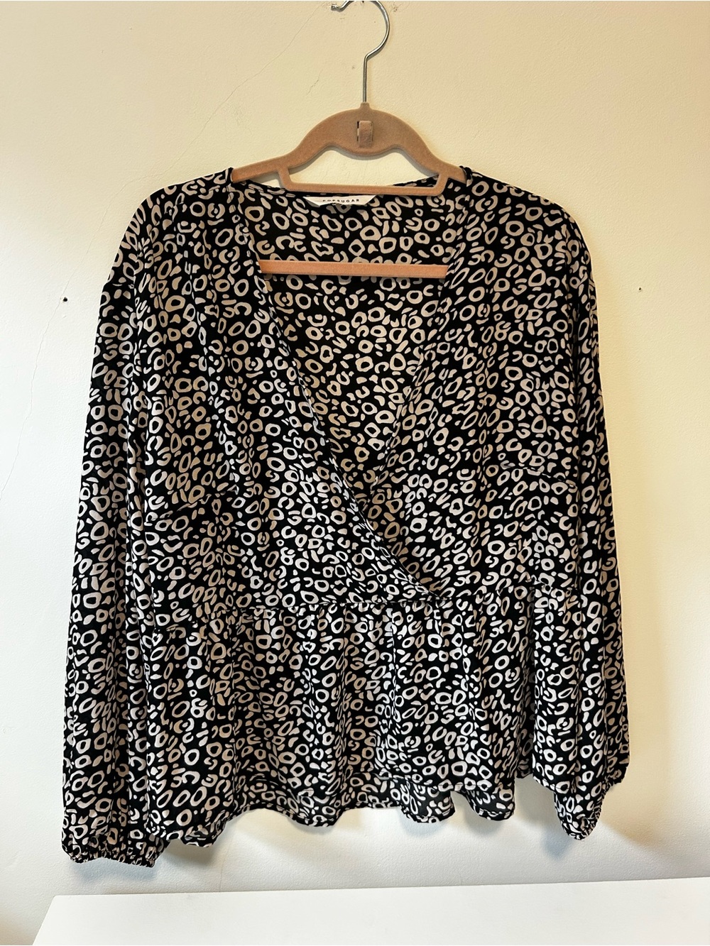 POPSUGAR Black and White Animal Print Faux-Wrap Blouse